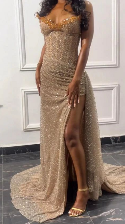 Gorgeous Spaghetti Straps Sequin Slit Mermaid Evening Dress 