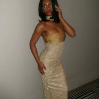 Strapless Long Yellow Sequin Satin Party Dresses - Thumbnail 1