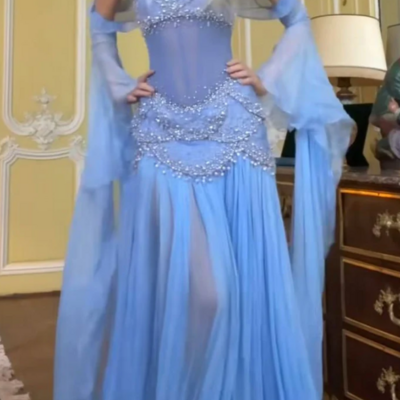 Off the shoulder pretty light blue chiffon prom dresses with beading