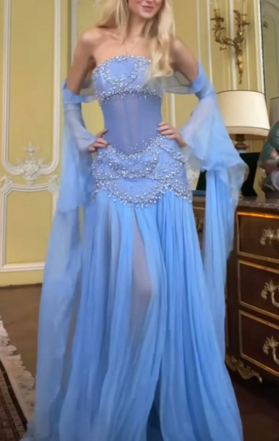 Off The Shoulder Pretty Light Blue Chiffon Prom Dresses With Beading