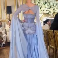 Off The Shoulder Pretty Light Blue Chiffon Prom Dresses With Beading - Thumbnail 2