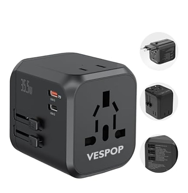 VESPOP Universal Travel Adapter with Dual AC Outlet & Fast Charging Wall Charger for USA EU UK AUS, Black