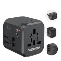 VESPOP Universal Travel Adapter with Dual AC Outlet & Fast Charging Wall Charger for USA EU UK AUS, Black