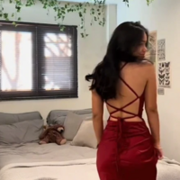 High Quality Split Burgundy Satin Prom Dresses  - Thumbnail 1