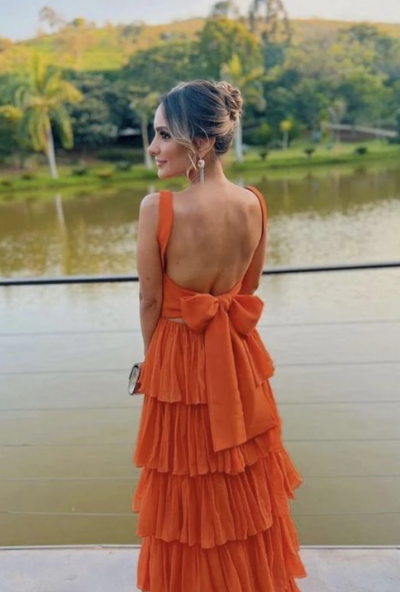 Modest A-line Orange Formal Long Evening Prom Dresses For Women 