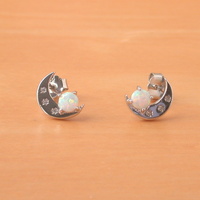 BOXED GIFT/Sterling Silver White Opal Crescent Moon Earrings/Opal Stud Earrings/Silver Moon Earrings/Opal Jewellery/Opal Jewelry/October Birthstone/UK - Thumbnail 1