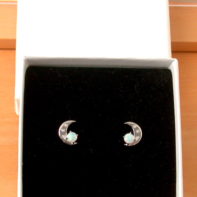 Boxed gift/sterling silver white opal crescent moon earrings/opal stud earrings/silver moon earrings/opal jewellery/opal jewelry/october birthstone/uk