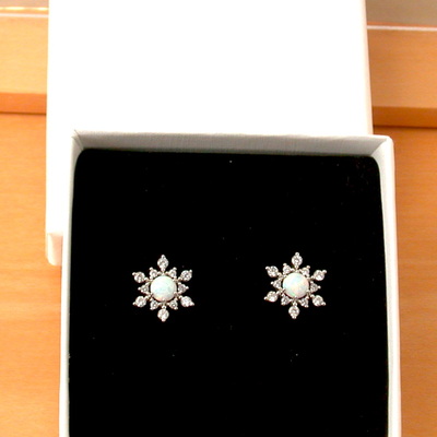 Boxed gift/sterling silver white opal & cz snowflake earrings/opal studs/opal jewellery/opal jewelry/snowflake studs/uk