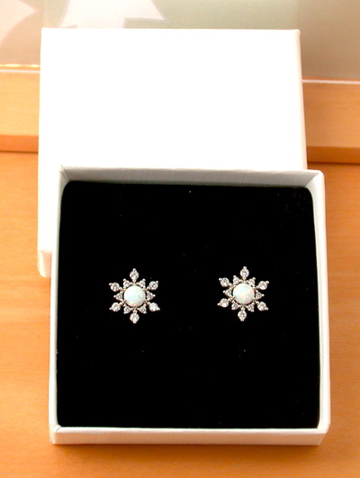 BOXED GIFT/Sterling Silver White Opal & Cz Snowflake Earrings/Opal Studs/Opal Jewellery/Opal Jewelry/Snowflake Studs/UK
