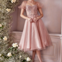 Elegant French Puff Sleeve Cocktail Evening Dress - Thumbnail 3