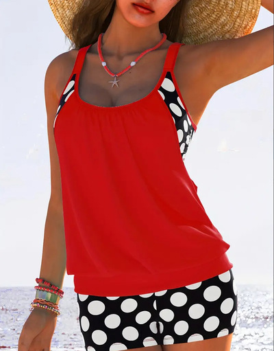 2 Piece Women's Plus Size Colorblock Polka Dot Print Swimsuit Set