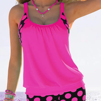 2 Piece Women's Plus Size Colorblock Polka Dot Print Swimsuit Set - Thumbnail 2