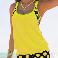 2 Piece Women's Plus Size Colorblock Polka Dot Print Swimsuit Set - Thumbnail 3