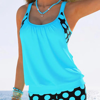 2 Piece Women's Plus Size Colorblock Polka Dot Print Swimsuit Set - Thumbnail 4