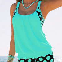 2 Piece Women's Plus Size Colorblock Polka Dot Print Swimsuit Set - Thumbnail 5