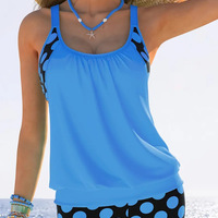 2 Piece Women's Plus Size Colorblock Polka Dot Print Swimsuit Set - Thumbnail 6