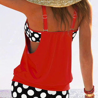 2 Piece Women's Plus Size Colorblock Polka Dot Print Swimsuit Set - Thumbnail 1