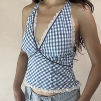 Heavy Plaid Lace Halter Top - Thumbnail 5