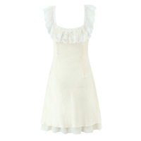 Square neck collarbone exposed ruffled lace patchwork waist dress - Thumbnail 1