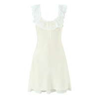 Square neck collarbone exposed ruffled lace patchwork waist dress - Thumbnail 2