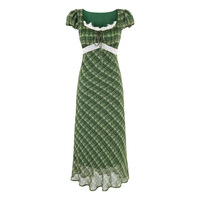 Large U-neck chest tie lace patchwork short-sleeved waist dress - Thumbnail 1