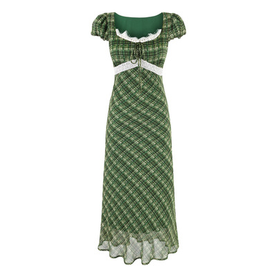 Large u-neck chest tie lace patchwork short-sleeved waist dress - Thumbnail 1