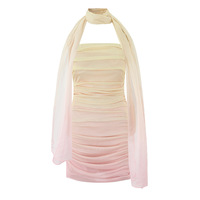 Gradient Pleated Tube Dress with Scarf Draped Neck Halter Dress - Thumbnail 1