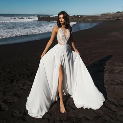 Boho Deep V-Neck Wedding Dresses For Bride Beach Chiffon Side Slit Appliques