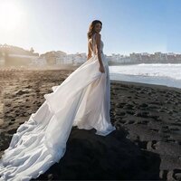 Boho Deep V-Neck Wedding Dresses For Bride Beach Chiffon Side Slit Appliques - Thumbnail 1
