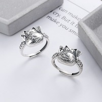 S925 sterling silver vintage distressed matte craft lucky cat ring - Thumbnail 3