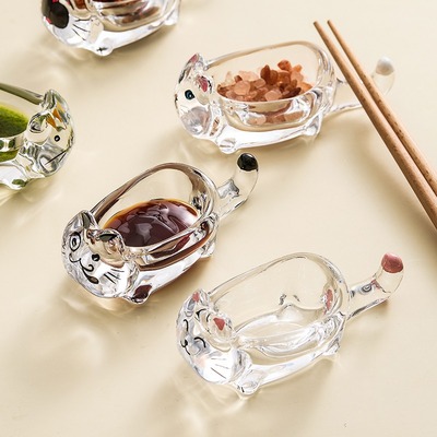 5pcs cute cat crystal glass seasoning dipping dish chopstick holder