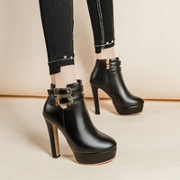Thick heel belt buckle waterproof platform ankle boots Martin boots - Thumbnail 1