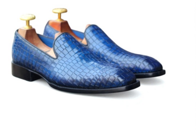 Crafted Leather Classic Blue Crocodile/Alligator Leather Loafers Dress Shoes
