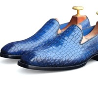 Crafted Leather Classic Blue Crocodile/Alligator Leather Loafers Dress Shoes - Thumbnail 2