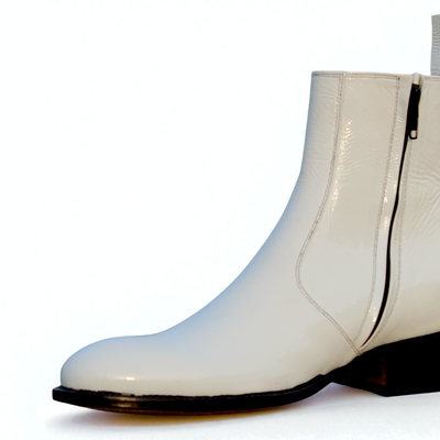 Crafted leather white patent leather ankle high side zipper jodhpur boot
