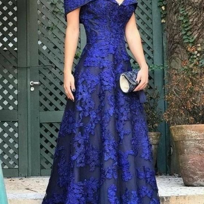 Off shoulder royal blue lace mother of the bride/groom dresses evening gowns