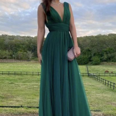 Elegant a line green tulle evening formal prom dress