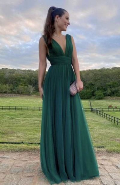 Elegant A Line Green Tulle Evening Formal Prom Dress