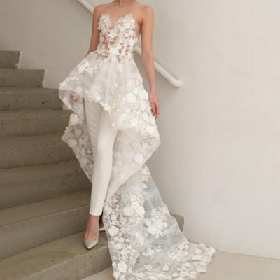 Illusion two piece round neck high low wedding jumpsuit with lace appliques