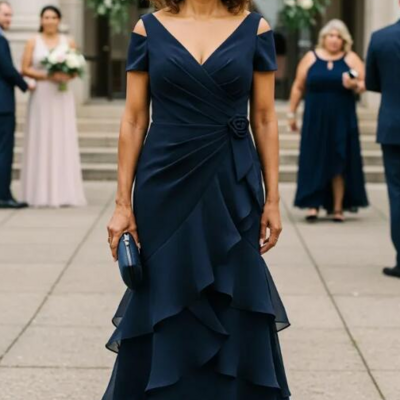 Sheath navy blue chiffon mother of bride/groom dress 