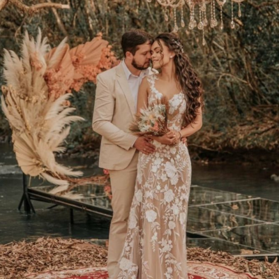 Sexy champagne tulle bridal dress wedding dress with appliques