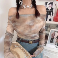 Tie-dye printed personalized off-shoulder long-sleeved mesh T-shirt - Thumbnail 3