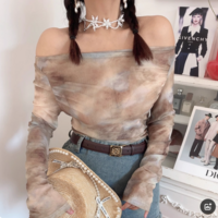 Tie-dye printed personalized off-shoulder long-sleeved mesh T-shirt - Thumbnail 5