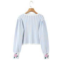 Casual striped floral pocket round neck long-sleeved sweater - Thumbnail 1