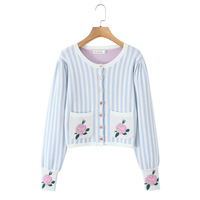 Casual striped floral pocket round neck long-sleeved sweater - Thumbnail 2