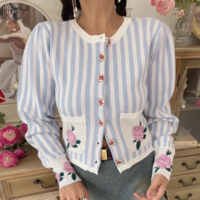 Casual striped floral pocket round neck long-sleeved sweater - Thumbnail 3