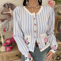 Casual striped floral pocket round neck long-sleeved sweater - Thumbnail 4