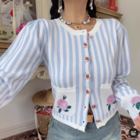 Casual striped floral pocket round neck long-sleeved sweater - Thumbnail 5