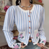 Casual striped floral pocket round neck long-sleeved sweater - Thumbnail 6