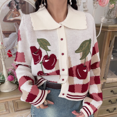 Vintage embroidered cherry polo collar button cardigan cropped sweater knitwear - Thumbnail 3
